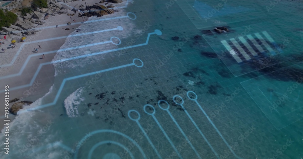 Obraz premium Showing aerial turquoise ocean with circuit overlay at beach, umbrellas and beachgoers in swimsuits