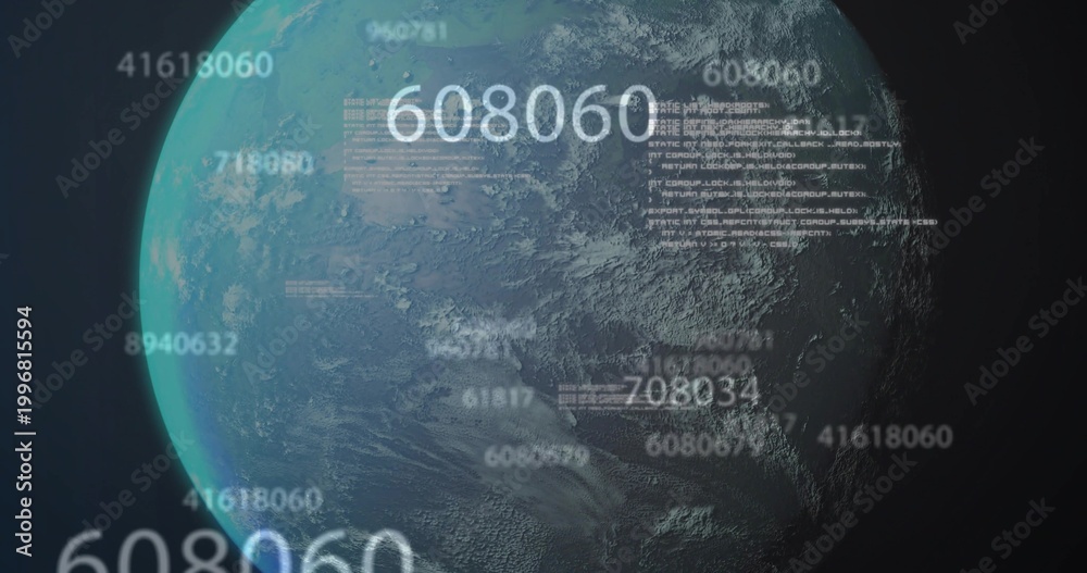 Fototapeta premium Displaying Earth-like globe with turquoise rim and streaming numeric data overlays in space