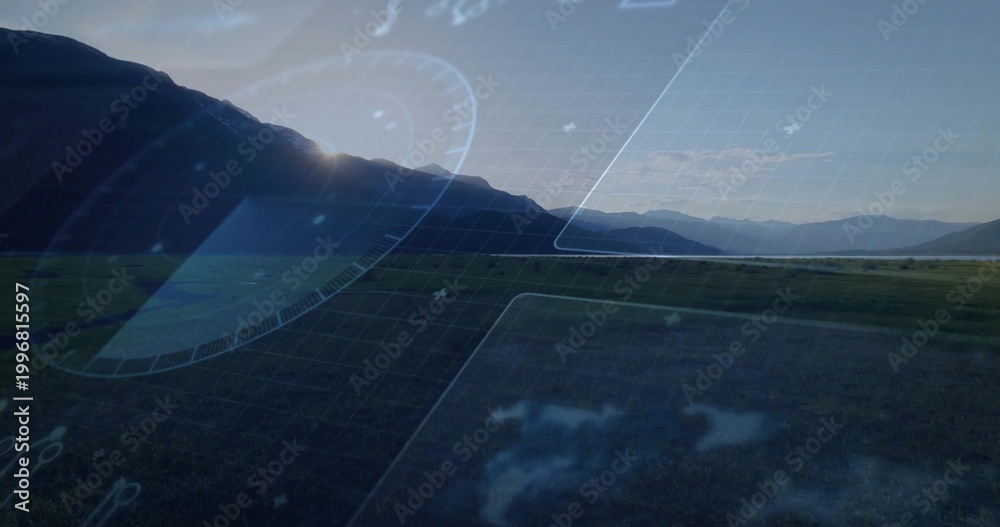 Fototapeta premium Displaying mountain valley with backlit ridge and grassy plain, showing faint HUD grid and gauges