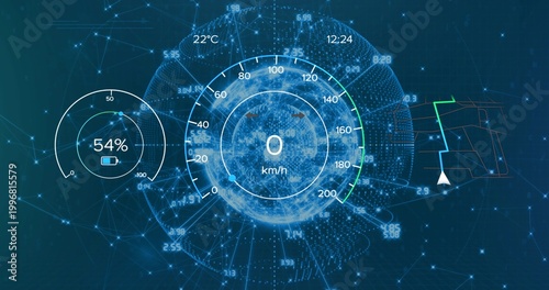 Displaying central HUD speedometer over glowing wireframe globe in dashboard, with battery 54%