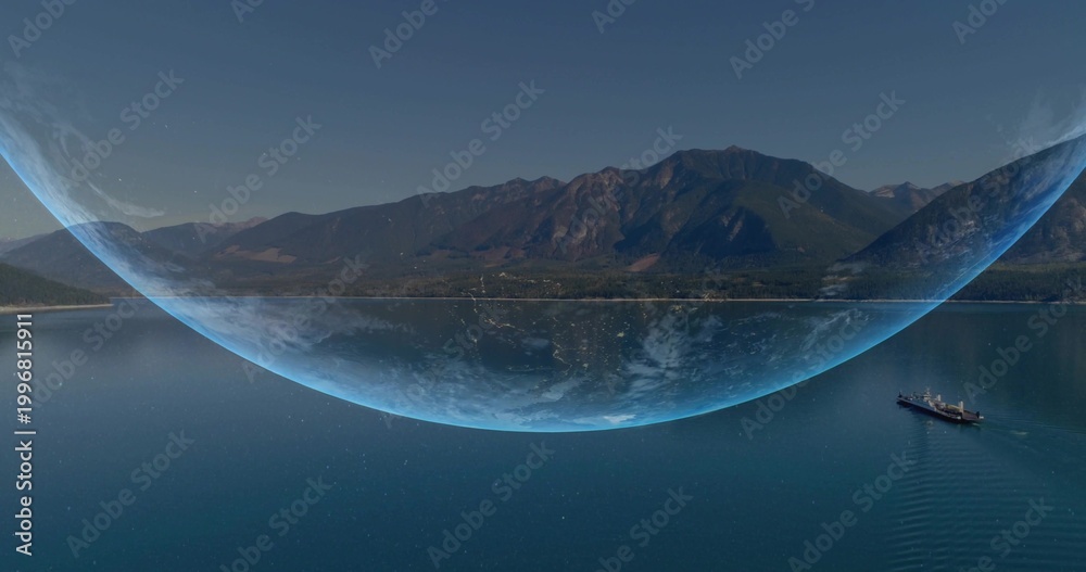 Fototapeta premium Spanning large blue dome crossing horizon at mountain coast, with cargo ship leaving V wake