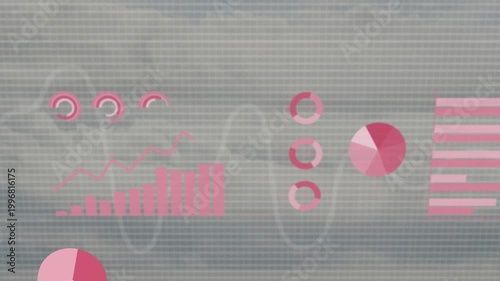 Small pink gauges appearing, charts rising and sliding, ring growing, rotating, analysing data