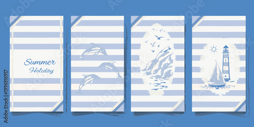 summer holiday banners with dolphins waves sailboat and lighthouse