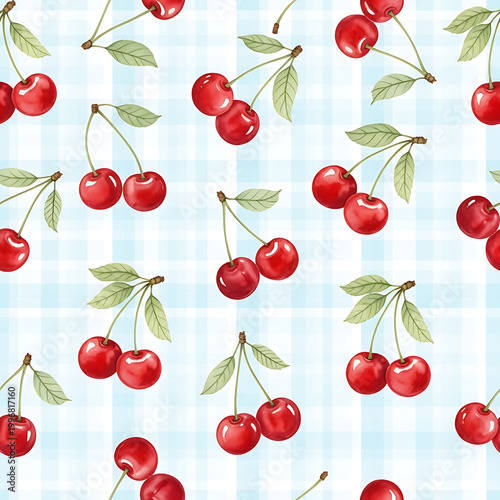 Red cherry fruit seamless pattern blue checkered background watercolor style kitchen textile design