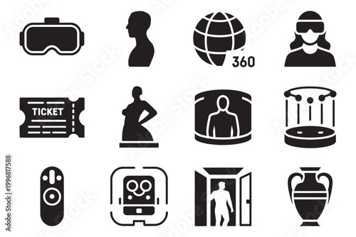 Iconography motion virtual exhibition sensor VR hall statue vector icon reality stage, modern immersive technology symbols set