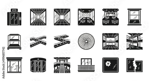Industrial construction equipment icons, 20 black and white machinery symbols, industrial tools illustrations, engineering equipment graphics