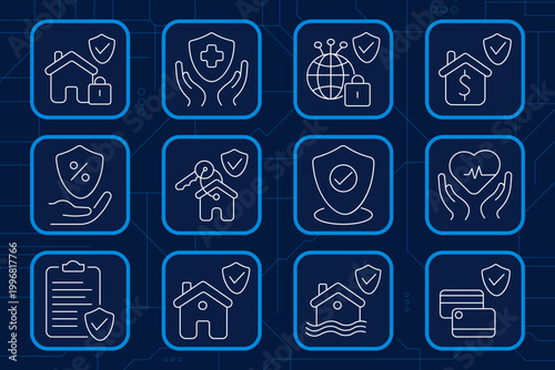 Construction set icon. Blueprint roll, tape measure, road barrier, drafting tools, brick stack, wrench, tower crane, engineer helmet, city skyline, hook lift. Building planning renovation