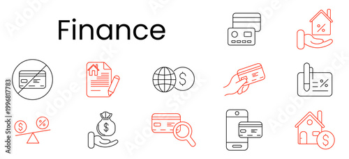 Finance set icon. Outline pictograms, credit card, house percent, blocked card, property document, globe dollar, payment terminal, percent card, balance scale, money bag, card search