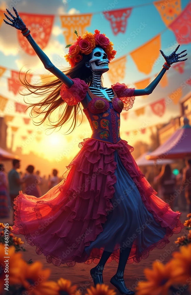 Fototapeta premium Skeleton woman dances with flower crown in colorful festive attire. Celebration with papel picado flags and onlookers. Autumn sunset light warms vibrant street scene.
