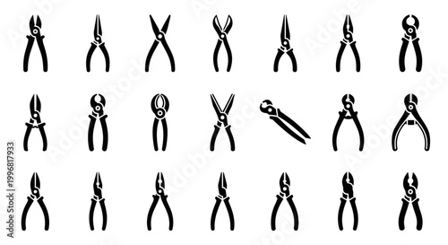 Schilderij op canvas Pliers icons, plier tools, hand tools, black silhouettes, 20 piece vector set
