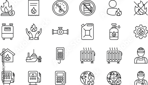 Fire safety gas heating energy line icons vector set hazard protection home utilities outline symbols collection