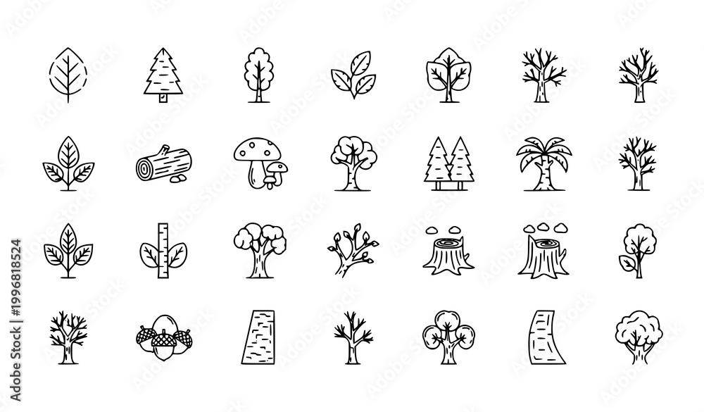 Fototapeta premium Minimal forest and tree outline icons set editable stroke woodland nature vector collection for eco design