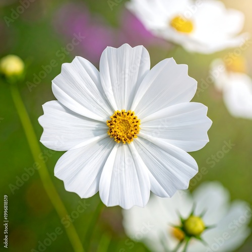 Close-up of a single white flower with a yellow center, surrounded by a blurry green and purple background. Sunlight enhances petals