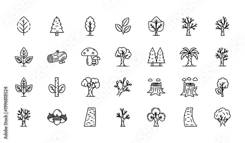 Minimal forest and tree outline icons set editable stroke woodland nature vector collection for eco design