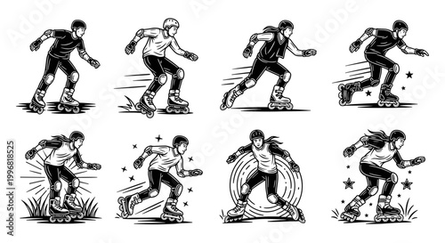 Dynamic rollerbladers in various action poses showcasing the thrill of inline skating.