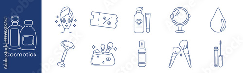 Cosmetics set icon. Collection with perfume bottles, face mask, discount ticket, lotion pump, mirror, sponge, razor, makeup bag, spray bottle, brushes, mascara.