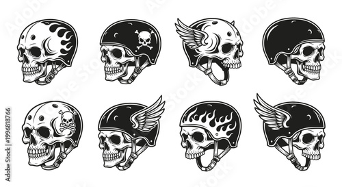 Vintage Biker Skull Helmets Set.