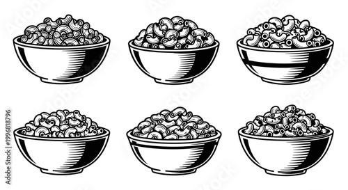 Six bowls of macaroni pasta in a vintage woodcut style.