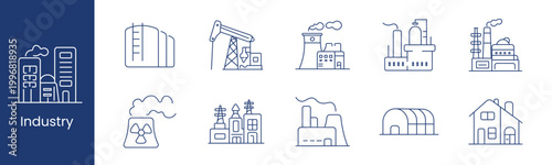 Industry factory production set icon. Tanks pump plant refinery radiation building hangar cooling house smoke facility depict energy industrial infrastructure.