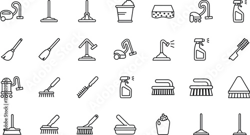 Cleaning tools household equipment line icons vector set mop brush vacuum detergent hygiene outline symbols collection