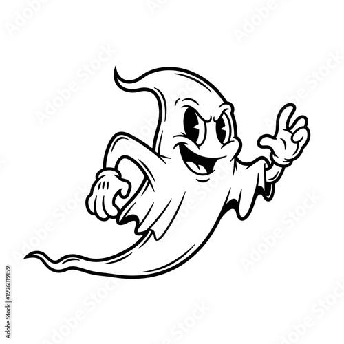Spooky Cartoon Ghost Waving Hand Black and White Illustration.