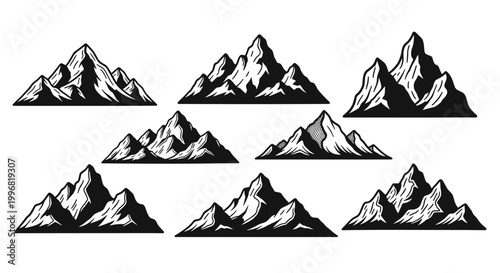 Set of seven detailed mountain range illustrations in black and white.