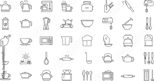Kitchen appliances cooking utensils line icons vector set cookware kettle toaster mixer outline symbols collection