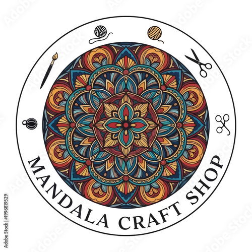 Circular mandala craft shop logo with artistic hobby icons
