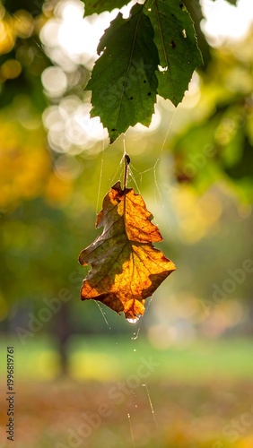 Close-up of a single, withered leaf suspended from a branch, glistening with water droplets and set against blurred foliage