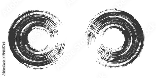 Vector illustration of three grunge ink circles in abstract brush stroke style with textured splatter, Japanese zen enso inspired design for minimalism, meditation and modern art themes