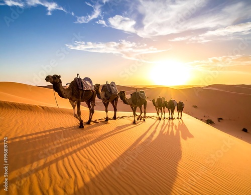 Camels traverse a desert dune under a bright sunset. Shadows stretch across the sand as the caravan moves towards the sun's warm glow