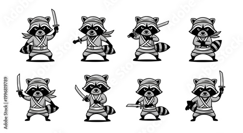 Set of eight adorable raccoon ninja warriors in various action poses.