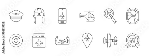 Aviation set icon. Pilot cap, aviator helmet, flight app, helicopter, airplane search, window view, target radar, boarding pass, cockpit panel, location pin, aircraft badge.