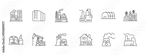 Industry factory energy set icon. Buildings tanks plant refinery hangar station oil pump cooling house radiation facility depict production power industrial