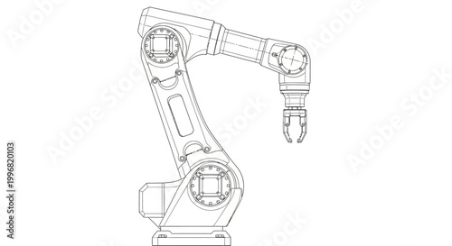 Detailed line drawing of an industrial robotic arm with mechanical claws, presented in a blueprint style against a clean white background, emphasizing precision and technical design