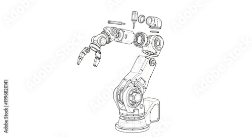 Detailed line drawing of a robotic arm with visible joints and components is depicted in an exploded diagram, set against a stark white background with technical blueprint precision