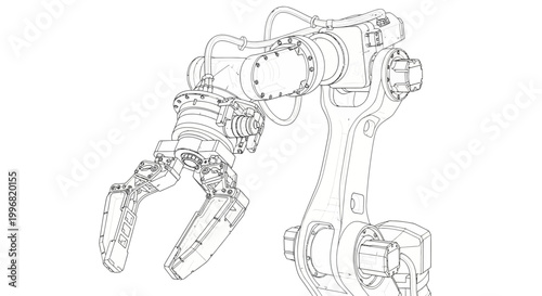 Detailed technical line drawing of an industrial robotic arm on a white background, showcasing its mechanical structure and components with precise blueprint-like accuracy