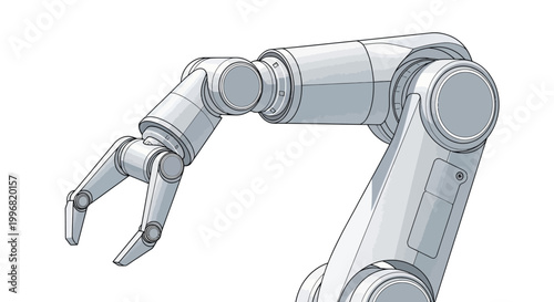 Detailed technical illustration of a robotic arm with a mechanical claw extended against a white background, rendered with precise linework and subtle shading to convey a sense