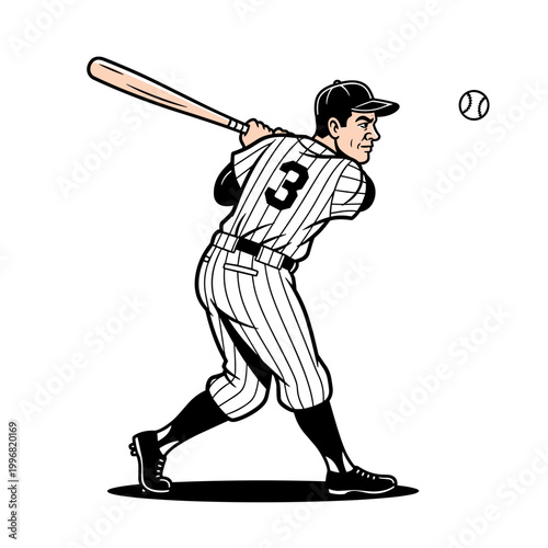 Baseball player in pinstripe uniform swinging bat at ball.
