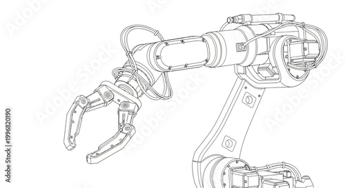 Detailed line drawing of a robotic arm with a claw grasping mechanism, presented in a technical blueprint style against a stark white background with precise linework and industrial design