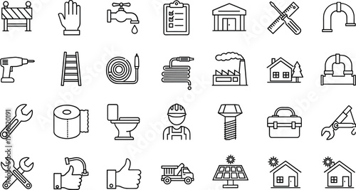 Plumbing repair construction maintenance line icons vector set tools pipes faucet home service outline symbols collection