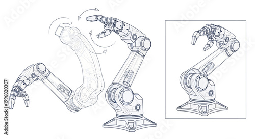 Detailed blueprint of a robotic arm in various positions is depicted in technical line art, showcasing its flexibility and movement, set against a clean white background with a minimalist