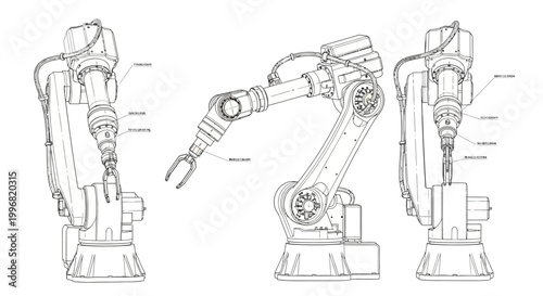 Detailed technical blueprint shows a robotic arm in three different orthogonal views with callouts, presented as a clean line drawing on a bright white background, conveying precision