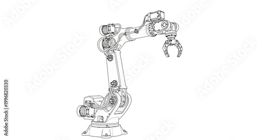 Detailed line drawing of a robotic arm with a claw gripper, presented in a minimalist style on a bright white background, showcasing intricate mechanical design with a technical, blueprint