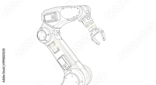 Detailed line drawing depicts a robotic arm with intricate joint mechanisms and a gripper, rendered in a technical illustration style against a stark white background, highlighting