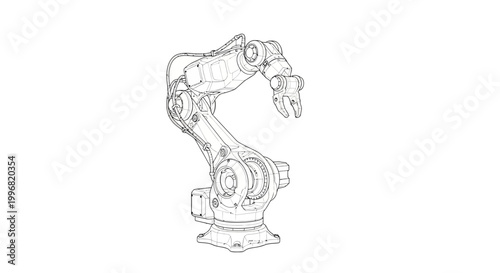 Detailed line drawing of an industrial robotic arm with multiple joints and a claw-like gripper, rendered in a technical illustration style against a clean, bright white background