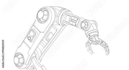 Detailed line drawing of a robotic arm with a gripper, rendered in a technical illustration style against a plain white background, conveying precision and technological capability