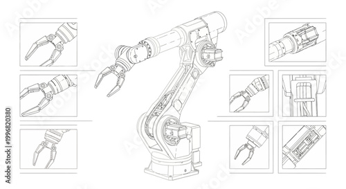 Detailed blueprint of a robotic arm with multiple close-up views of the gripping mechanism, presented in a technical line drawing style against a clean white background, creating a precise