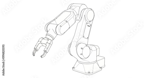 Detailed line drawing showcases an industrial robotic arm with a precision gripper, set against a stark white background, emphasizing its mechanical design and potential applications