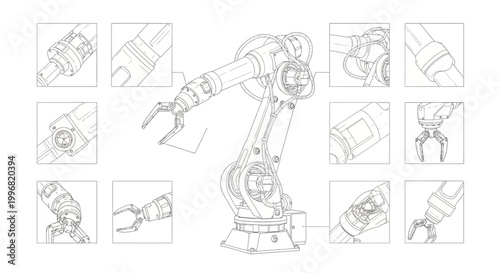 Detailed technical line drawing of a robotic arm with multiple close-up views showcasing its joints and components, presented against a clean white backdrop, creating a precise